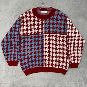 Alicedudu Mens Houndstooth Patchwork Knit Sweater Red Blue White Size S